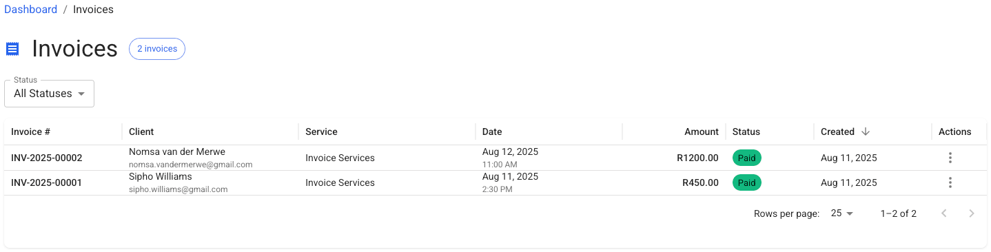 Invoice Generation interface preview showing implemented functionality