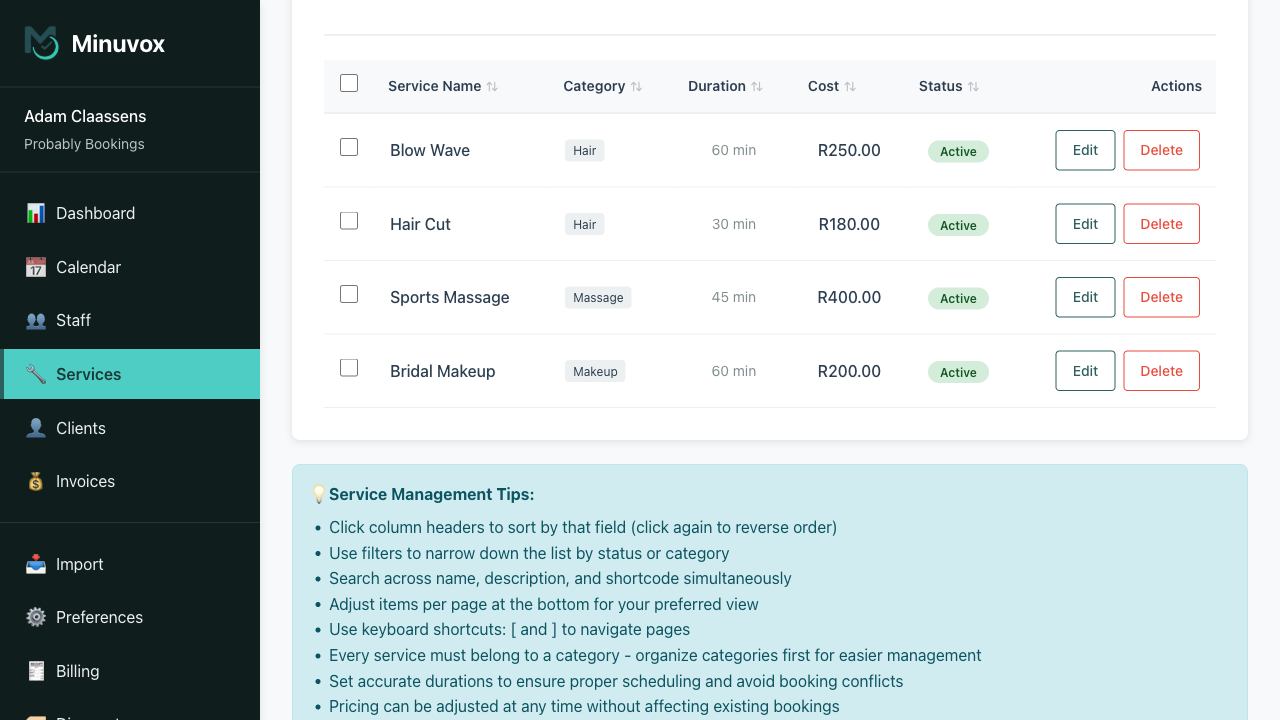 Services Management table showing four salon services with their category, duration, cost, active status, and Edit or Delete actions