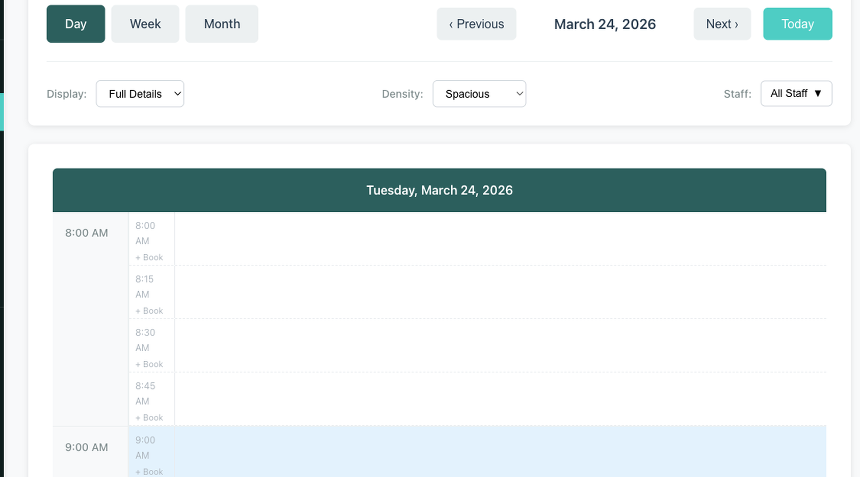 Calendar day view showing 15-minute time slots with + Book on each slot, Day Week and Month tabs at top, and one time slot highlighted in blue on hover