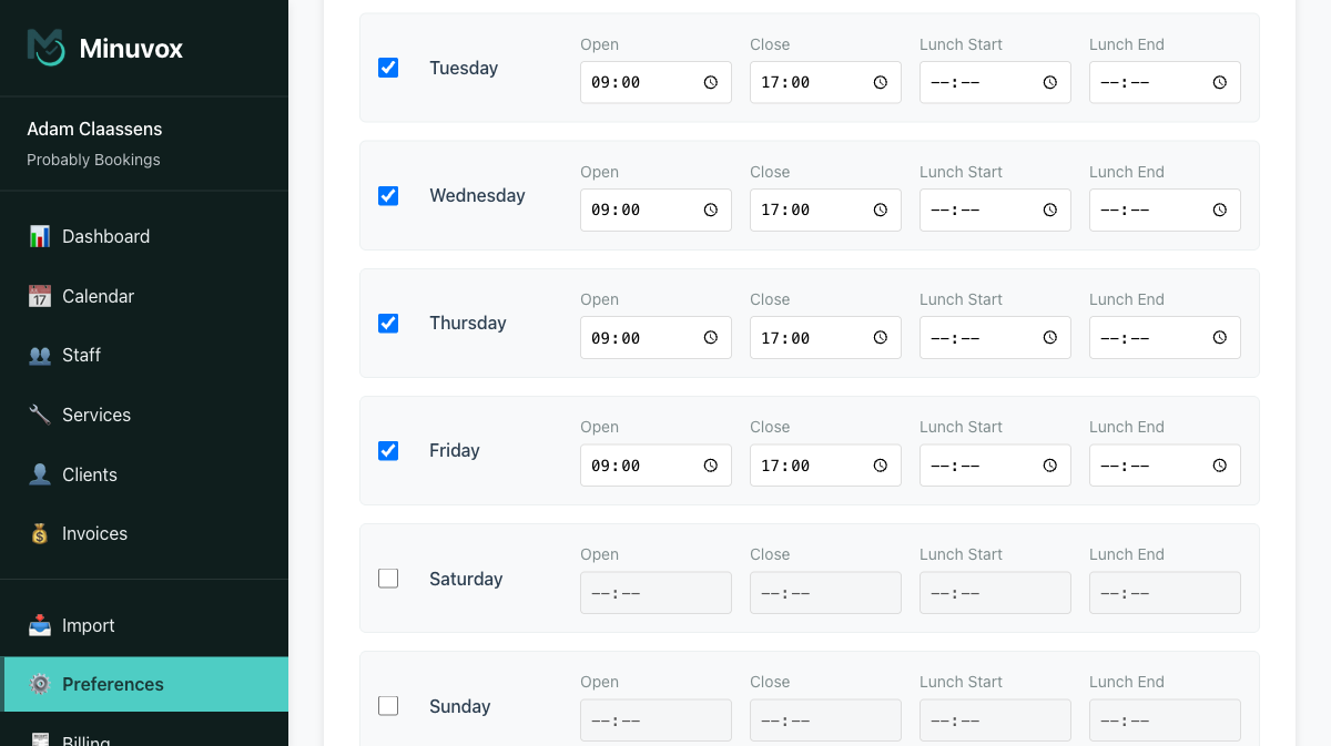 Weekly Business Hours settings showing Monday through Friday checked with Open and Close times, and Saturday and Sunday unchecked