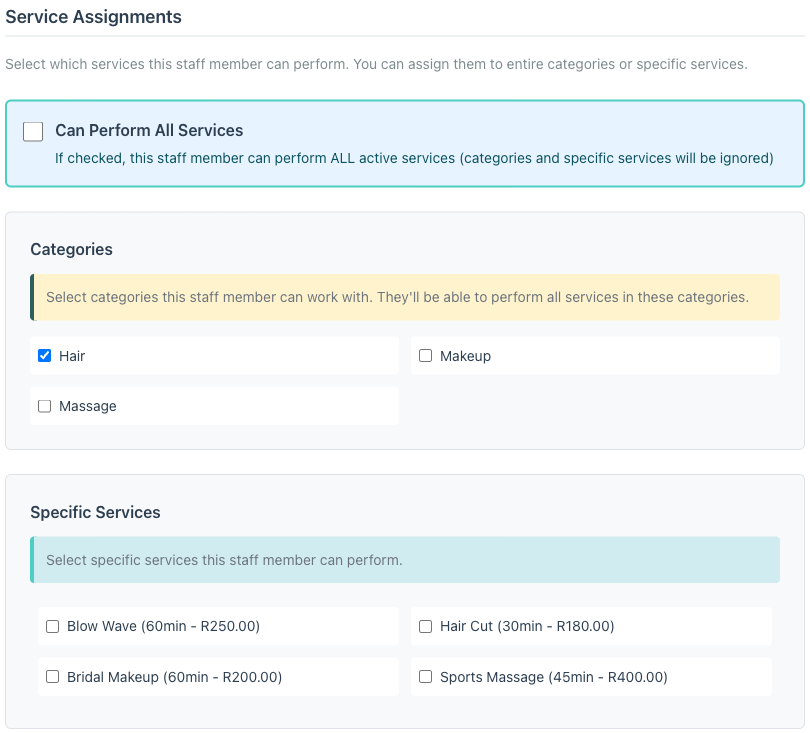 Staff form Service Assignments section showing Can Perform All Services checkbox, Categories with Hair selected, and Specific Services listing four services with duration and price