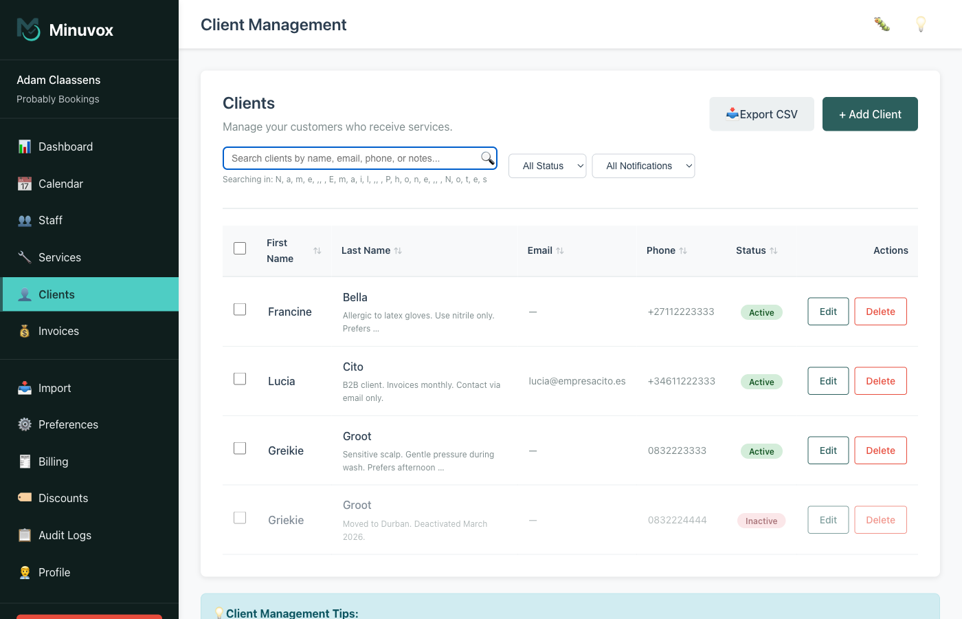 Client list page showing several clients with notes preview under each name, status badges, search bar, and filter dropdowns