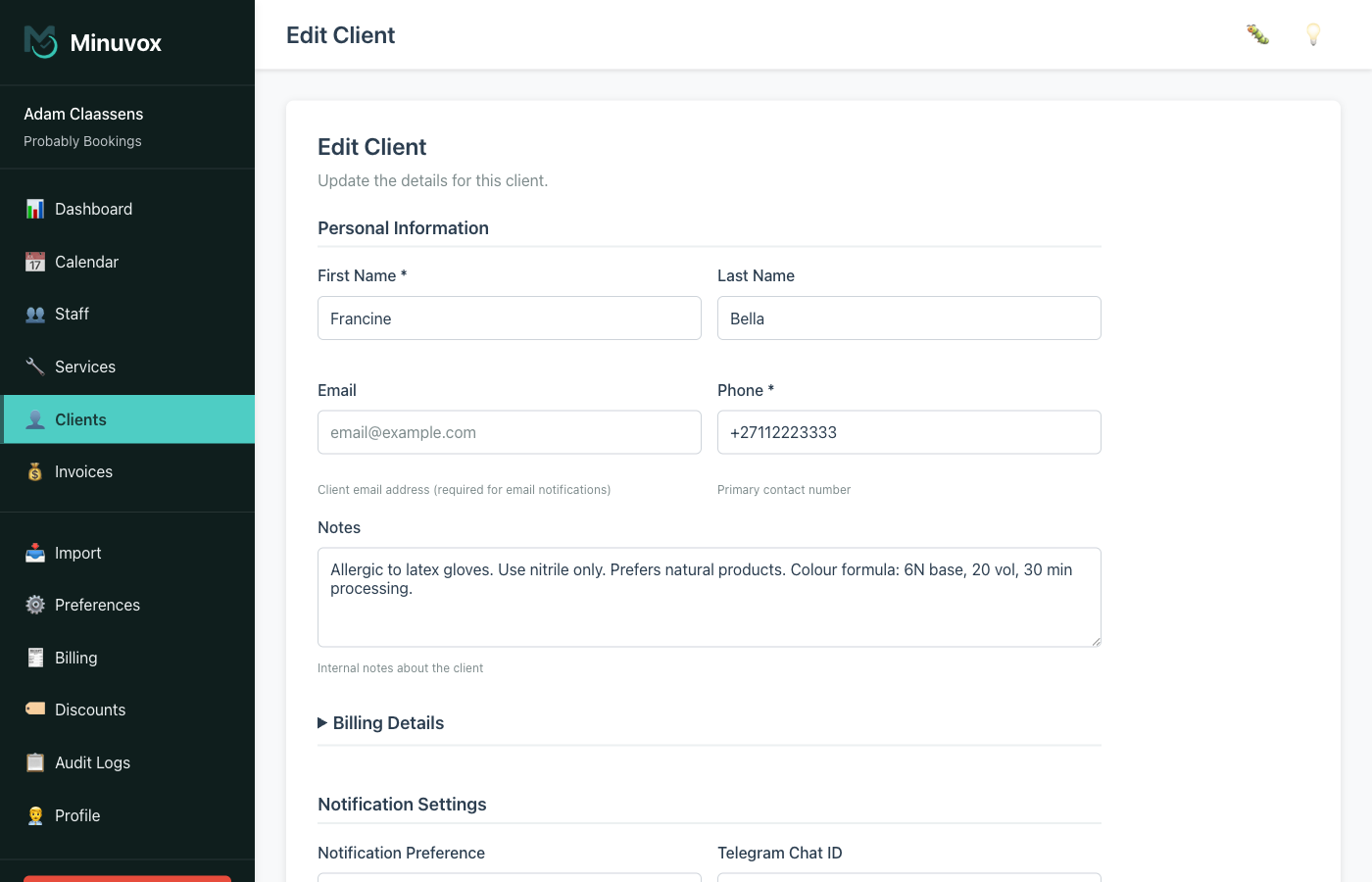 Add Client form Personal Information section filled with first name, last name, email, phone, and notes fields including an allergy note