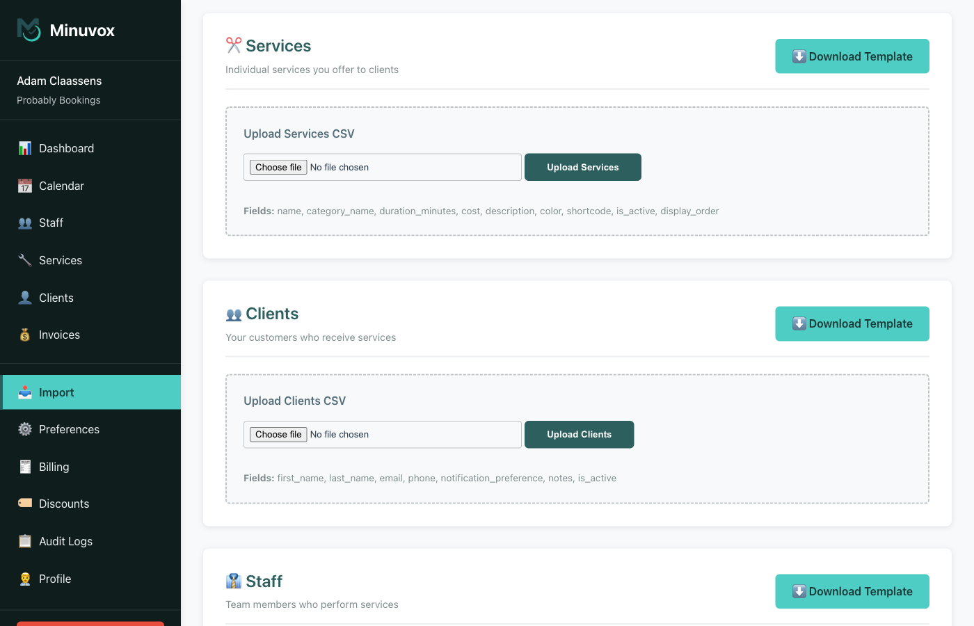 Import page showing the Clients import section with file upload area and required column names