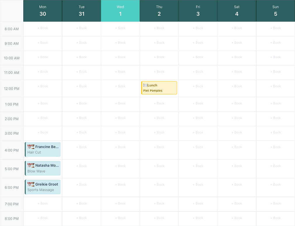 Minuvox calendar week view showing colour-coded appointments across multiple staff members