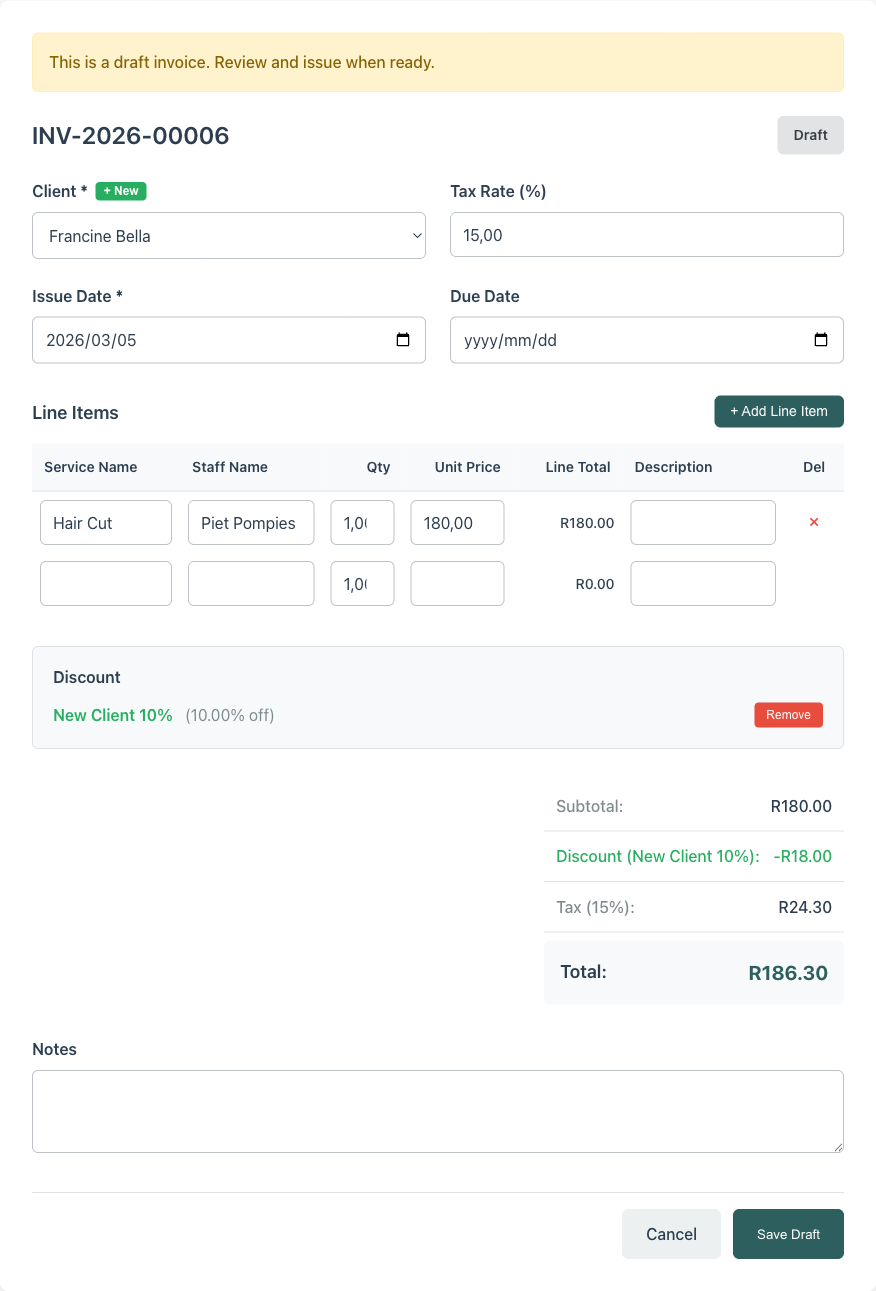 Invoice edit page showing draft INV-2026-00006 for Francine Bella with a Hair Cut line item at R180.00, New Client 10% discount applied showing subtotal R180.00, discount -R18.00, tax 15% R24.30, total R186.30, and Save Draft button