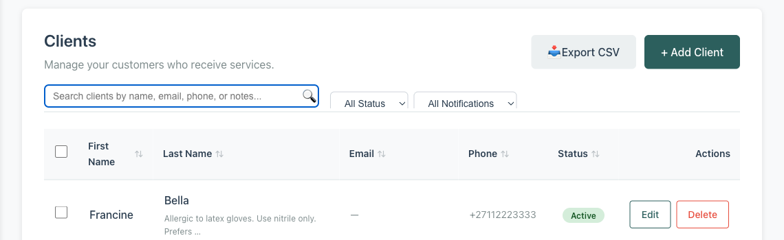 Minuvox client list showing search bar with results, displaying client names, phone numbers, and status
