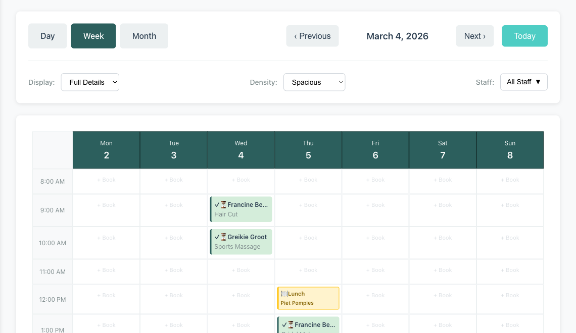 Minuvox calendar week view showing colour-coded bookings across multiple days with time slots, staff names, and service types visible at a glance