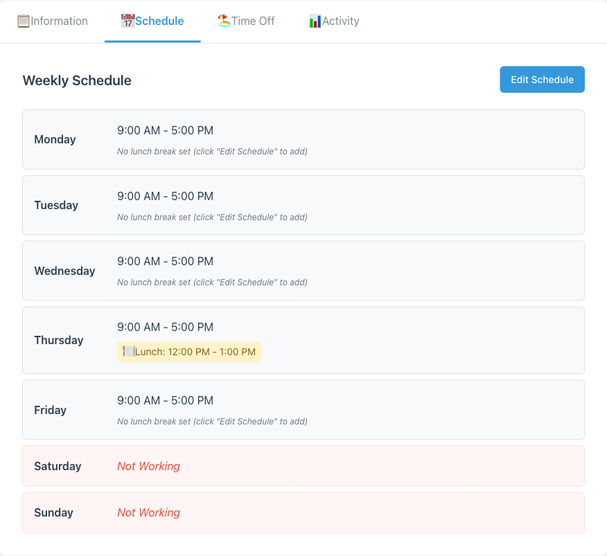 Staff detail Schedule tab showing weekly schedule for Piet Pompies -- Monday to Friday 9:00 AM to 5:00 PM with a lunch break on Thursday from 12:00 PM to 1:00 PM, Saturday and Sunday marked Not Working, and Edit Schedule button