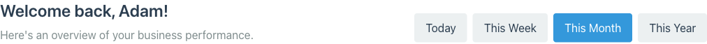 Dashboard welcome message and time period selector showing Today, This Week, This Month (selected), and This Year buttons