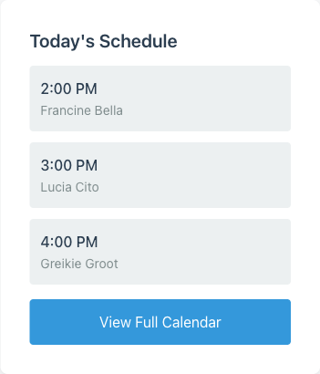 Today's Schedule widget showing three upcoming appointments with times and client names, and a View Full Calendar link