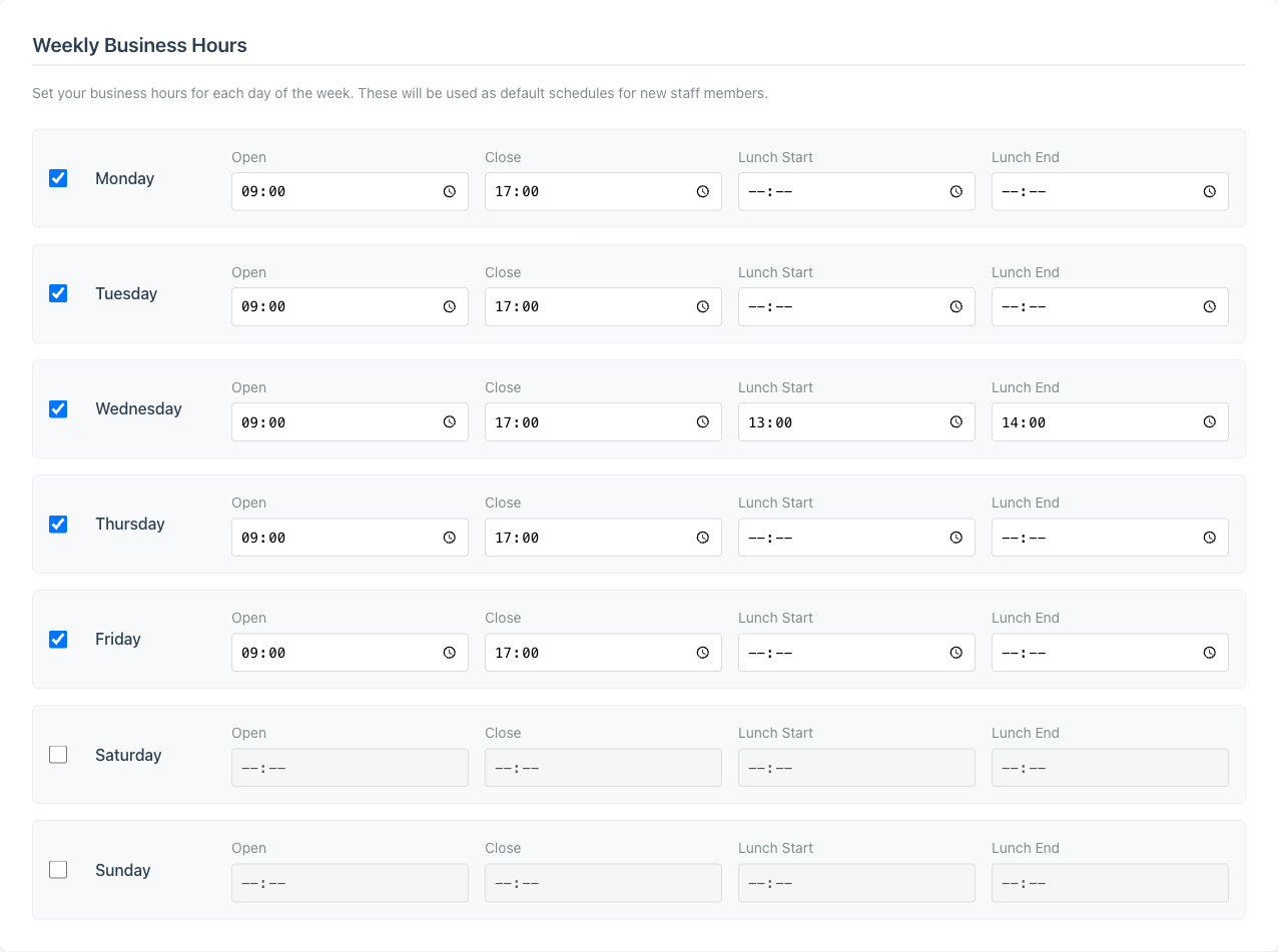 Minuvox Preferences page Weekly Business Hours section showing all seven days with Open, Close, Lunch Start, and Lunch End fields. Monday through Friday are open from 09:00 to 17:00, Wednesday has a 13:00 to 14:00 lunch break filled in, and Saturday and Sunday are unchecked and greyed out