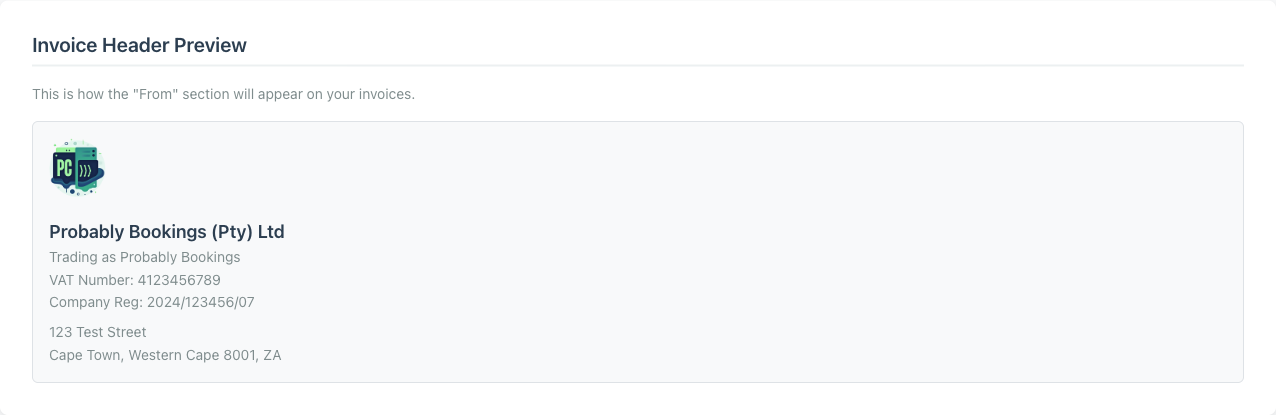 Minuvox Billing Settings Invoice Header Preview showing the company logo, legal business name "Probably Bookings (Pty) Ltd", trading name reference, VAT Number, Company Reg number, and structured billing address as they appear at the top of every invoice