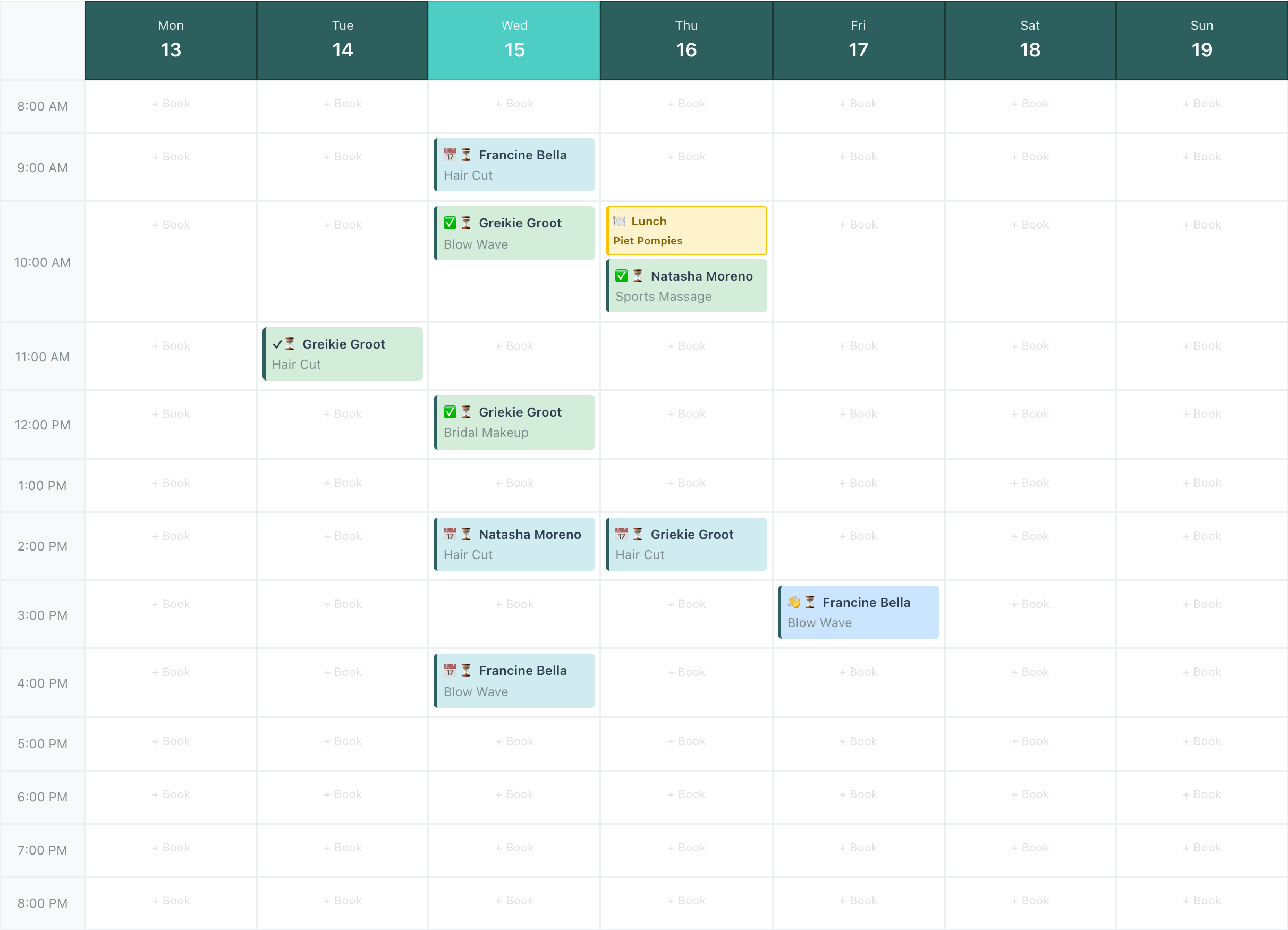 Week view from Monday 13 to Sunday 19 April with fixed-size status-coloured tags parked in their starting-hour cells, showing light blue scheduled bookings, light green confirmed and completed bookings, and a medium blue arrived booking spread across Tuesday to Friday, plus a standing Thursday lunch break