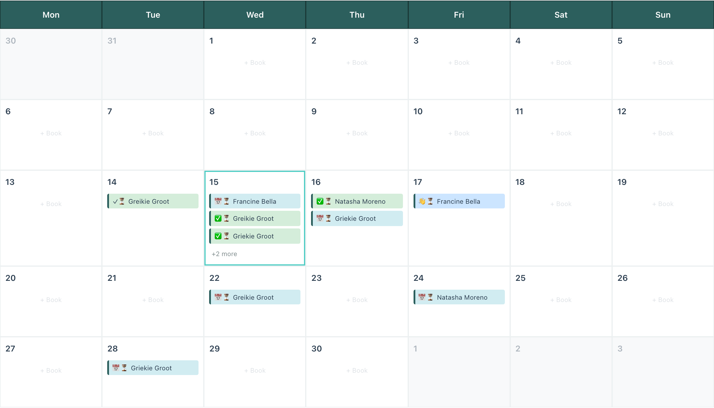 April 2026 Month view with Wednesday 15 highlighted by a teal inset border, showing three booking labels plus a + 2 more overflow indicator on the heavy day, scattered single-booking days coloured by status, and empty days displaying + Book placeholders
