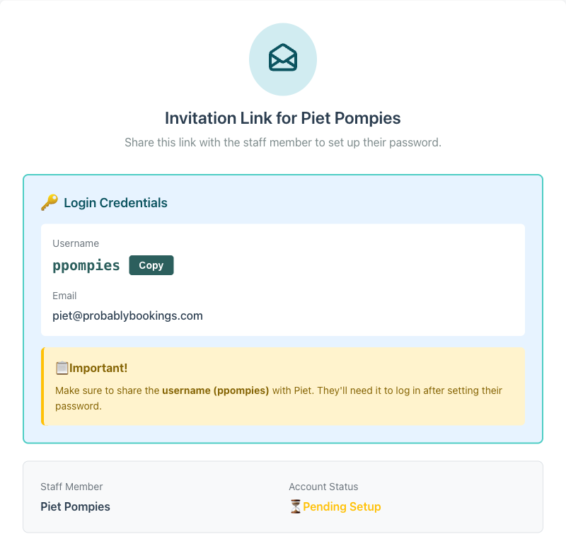 Staff invitation page showing Login Credentials with username ppompies and Copy button, email address, an important note about sharing the username, and a Pending Setup status badge